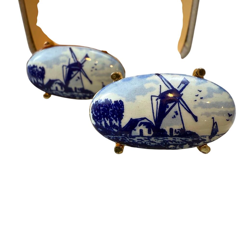 Anson Vintage Dutch Delft Blue White Windmill Cuff Links Gold Tone Back